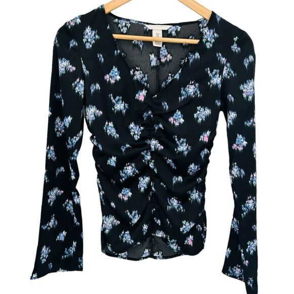 NWOT H&M silky rouched bell sleeve black and light blue top size xsmall - Picture 1 of 6